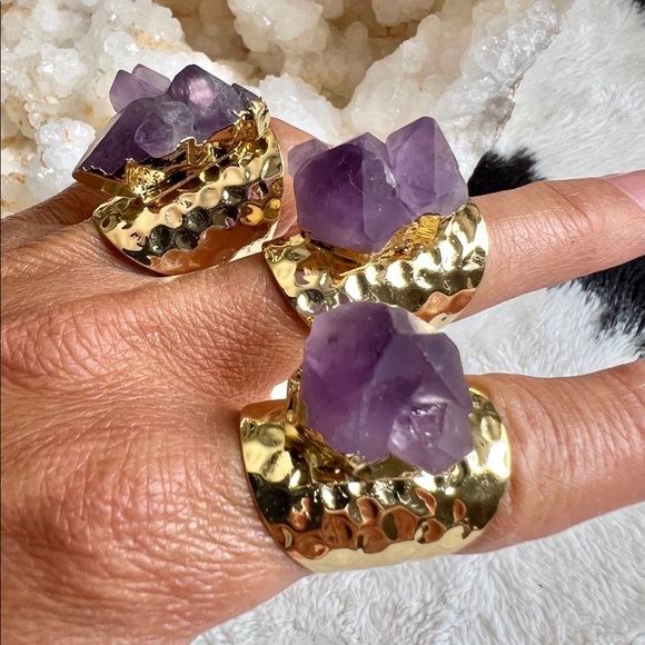Gold Plated Amethyst Cluster Cuff Ring - Picture 2 of 9